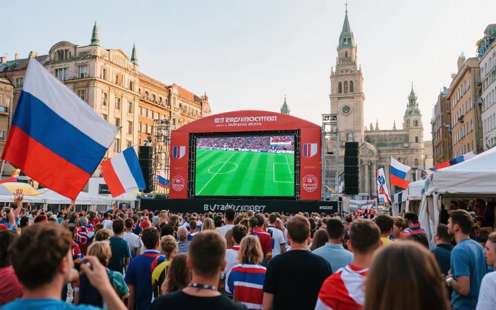 北美主办城市球迷广场观赛派对与街头文化，旗帜与大屏幕的热烈氛围