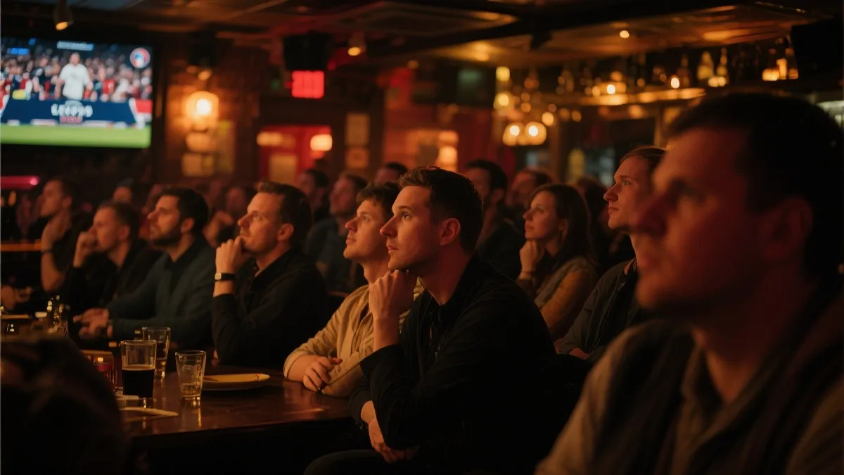 半决赛紧张氛围的球迷在室内观赛，灯光戏剧化