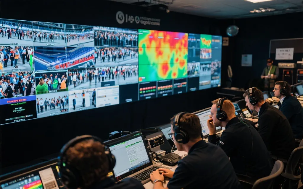 比赛日傍晚的场馆控制室，监控屏幕显示人流与灯光状态，工作人员专注沟通，纪录片风格