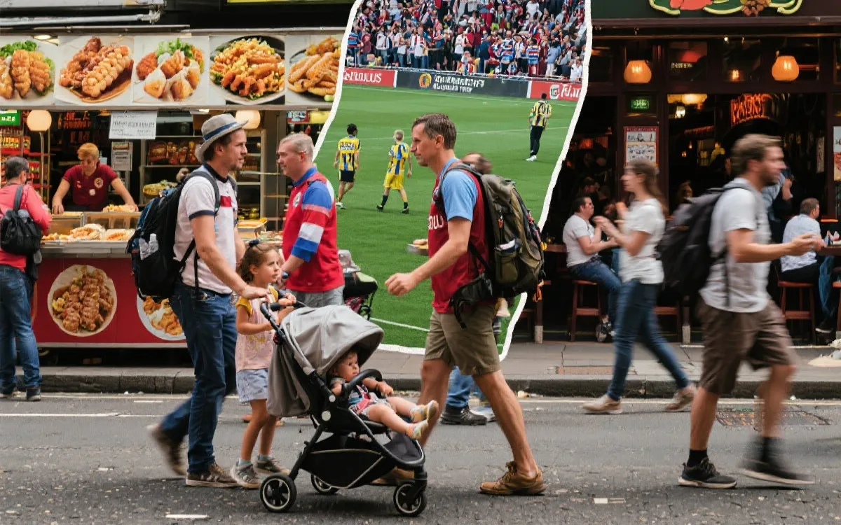 不同类型球迷：家庭、背包客、资深球迷在城市公共观赛区与街头美食之间穿梭的拼贴画面