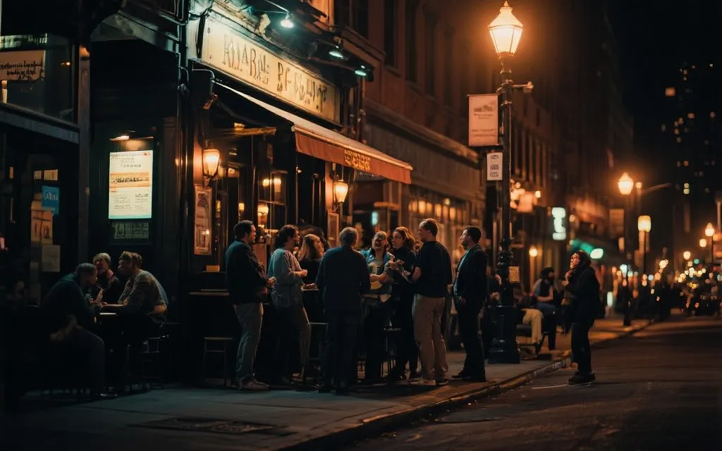 夜晚的城市街区酒吧外人群聚集看球赛后聊天，路灯温暖，氛围纪实