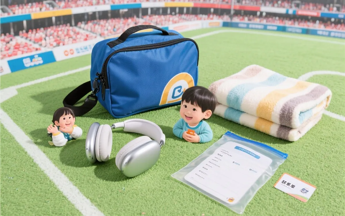整理好的亲子观赛随身包与清单，干净明亮的平铺构图
