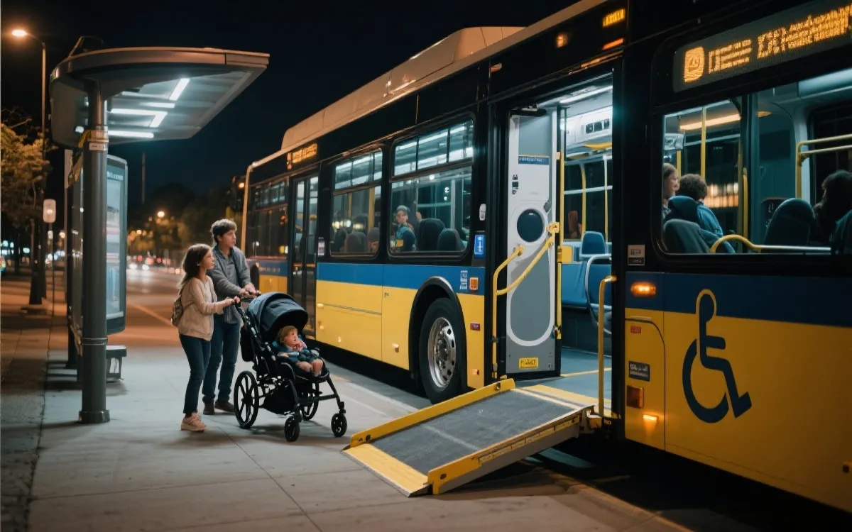 无障碍巴士上下车场景：坡道、轮椅固定区与照明良好的站台
