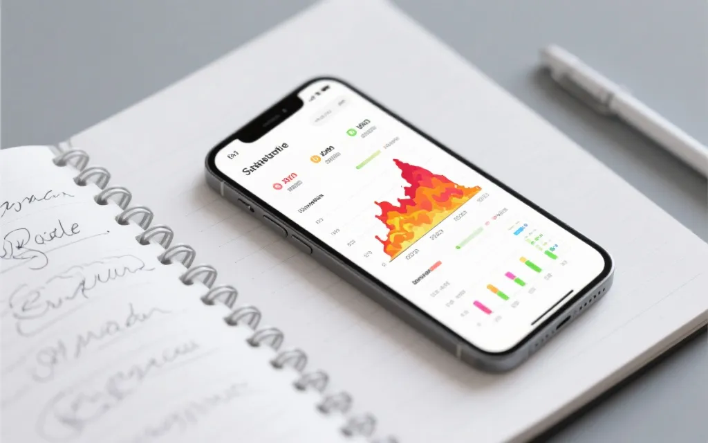 手机屏幕上的比赛数据曲线与热度分布图，旁边有笔记本记录要点，简洁科技感