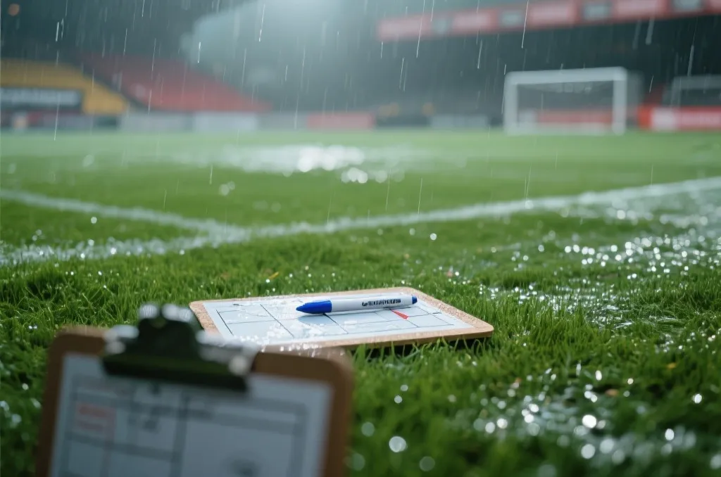 雨战球场与战术板特写，体现天气与场地对比赛节奏的影响