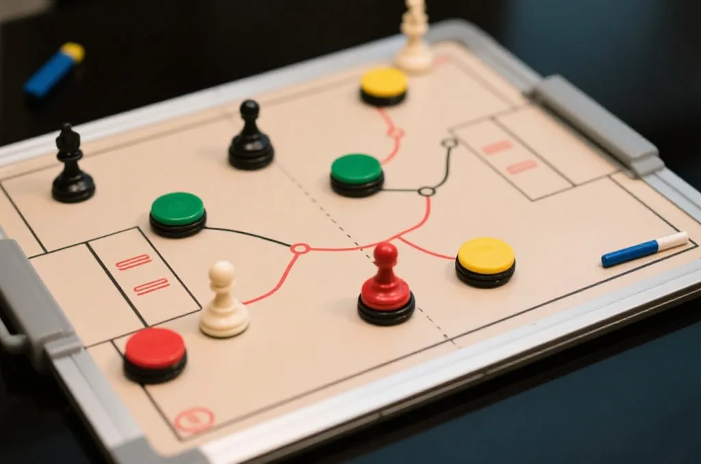 战术板上的磁铁棋子与画出的战术路线，专业分析感