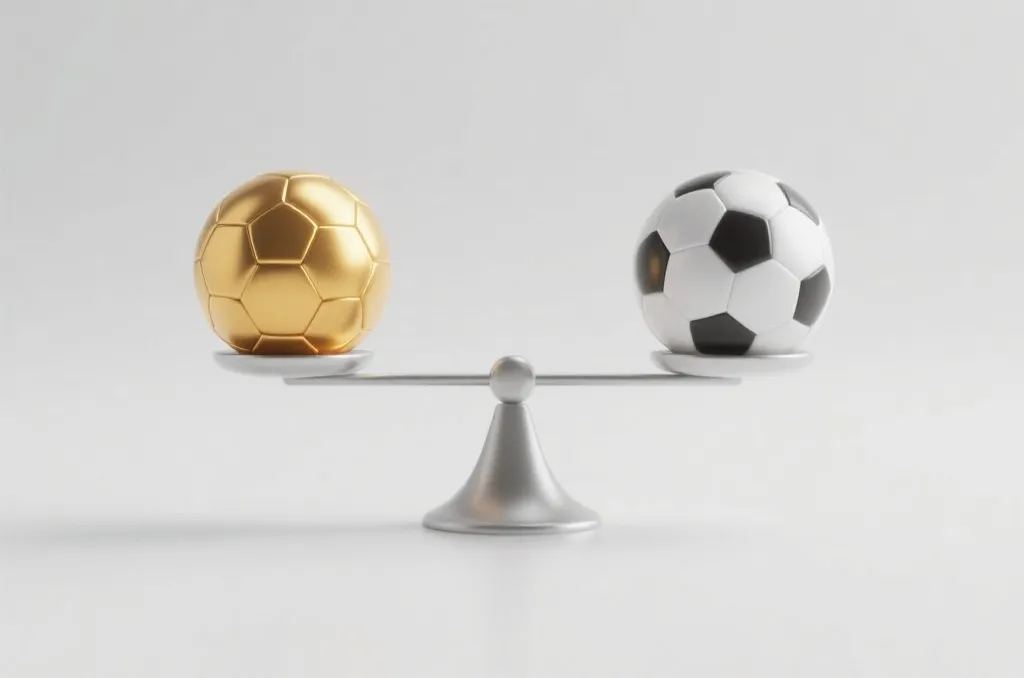 A minimalist 3D render of a balance scale with footballs representing fair play and odds equilibrium